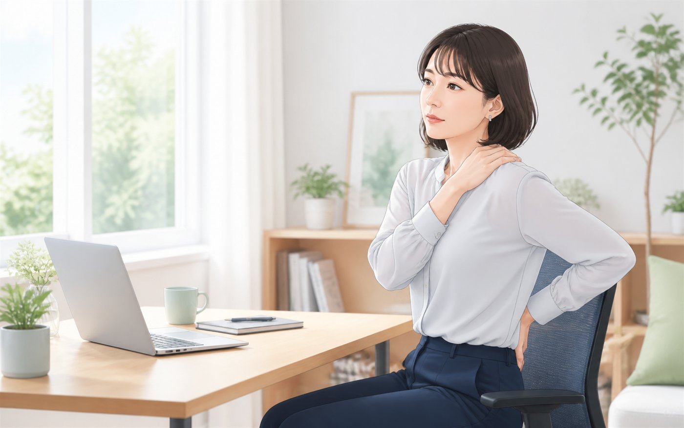 仕事中に肩や腰の違和感を感じている女性のイメージ