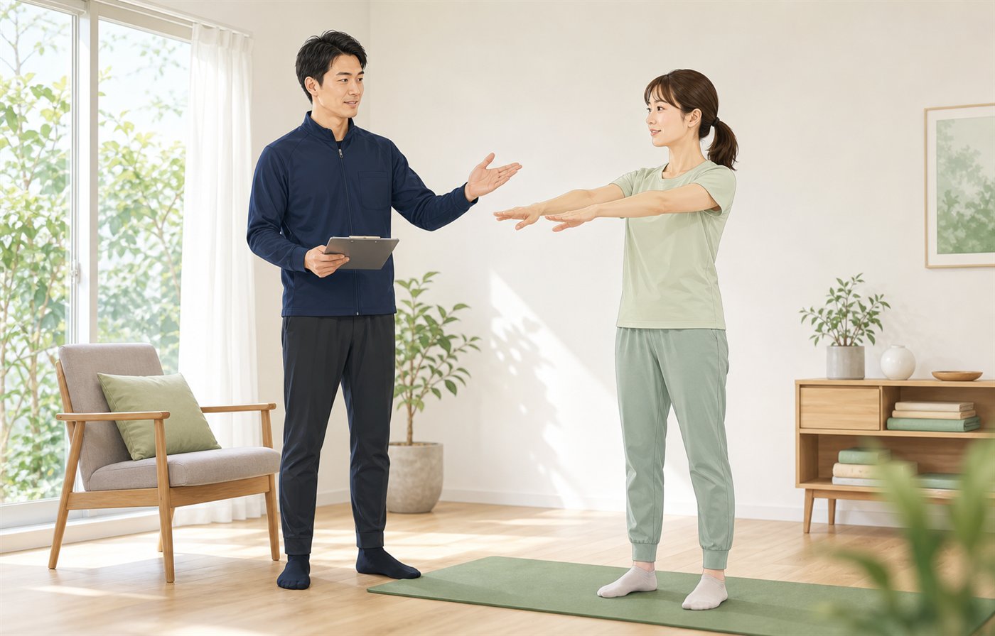 理学療法士が姿勢と簡単な動きを確認しているイメージ