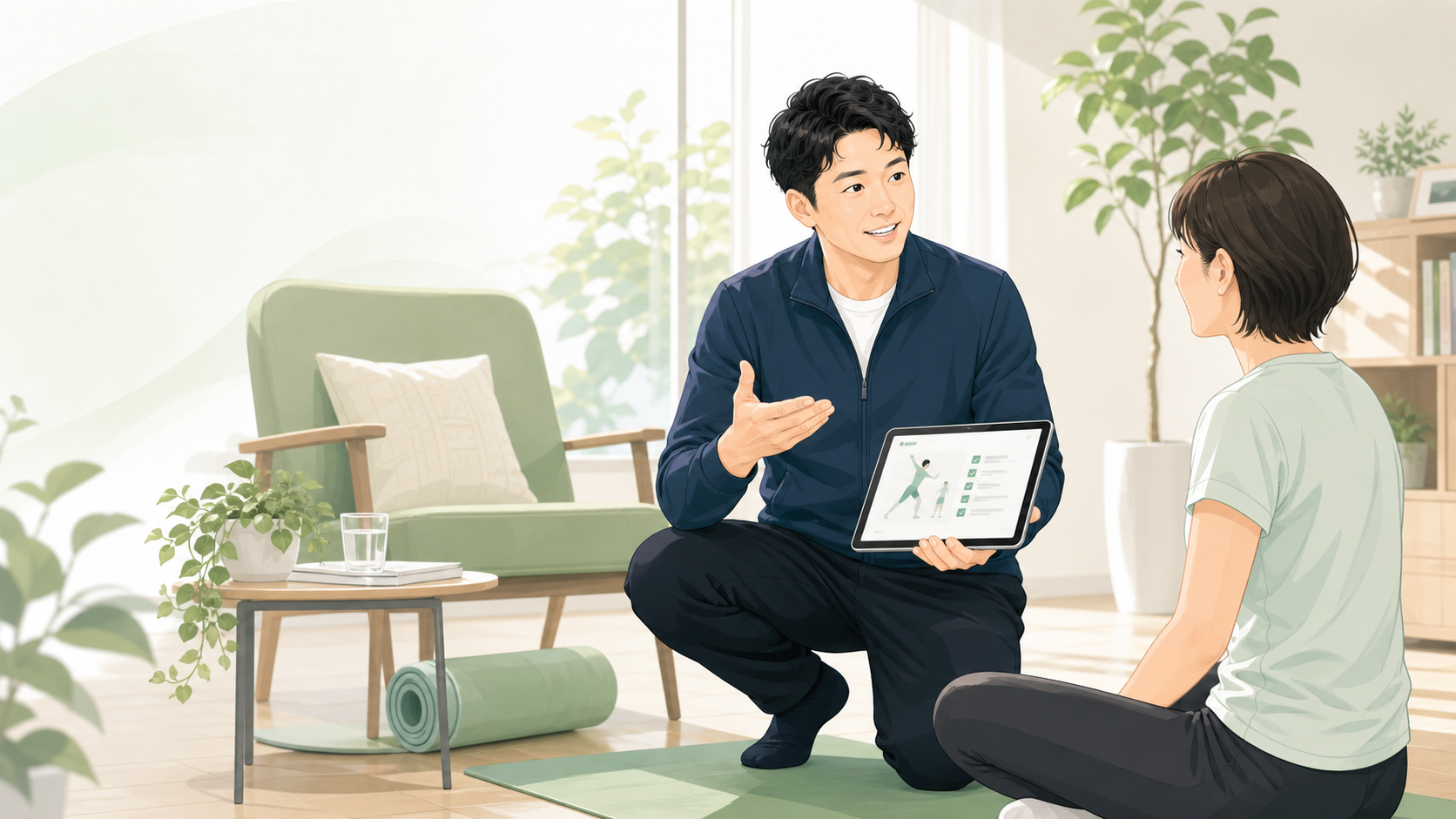理学療法士が個人向けにセルフケアを説明しているイメージ